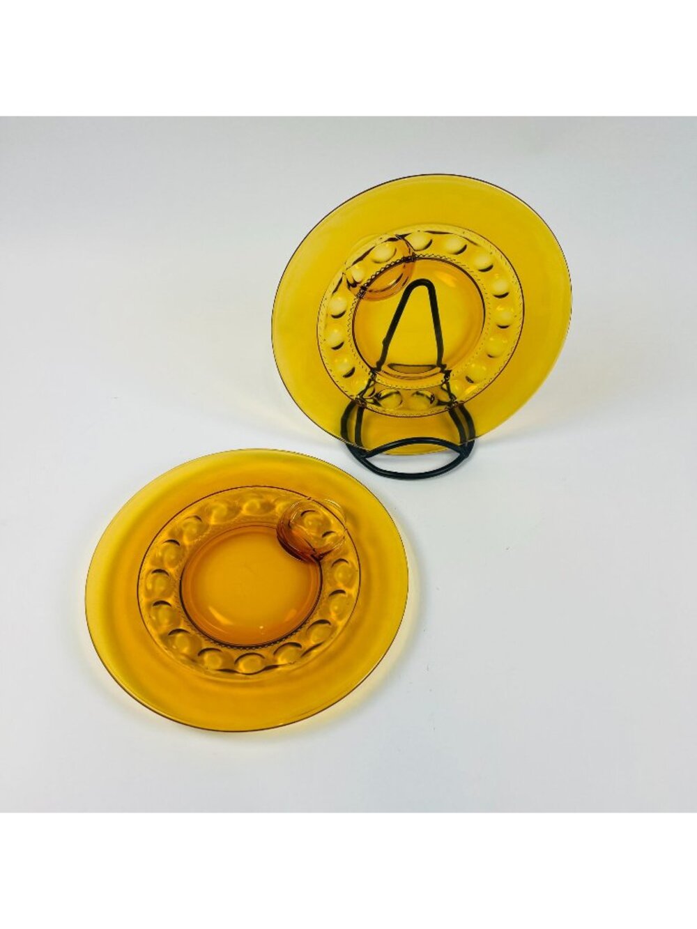Indiana Glass Kings Crown Thumbprint Dinner Plates Set Of 2 Amber Yellow Glass E